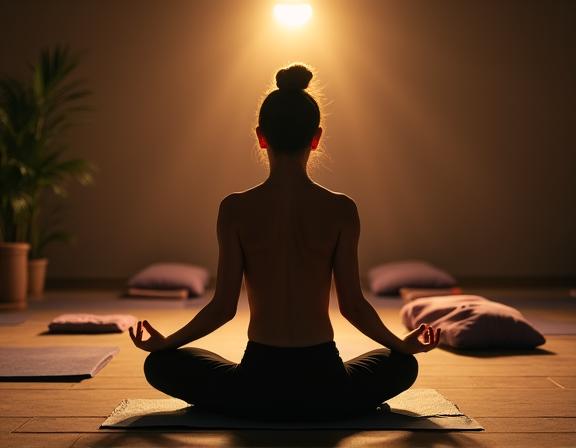 Deelnemer in diepe meditatieve rust tijdens yin yoga les bij Vlechtwerk Yoga